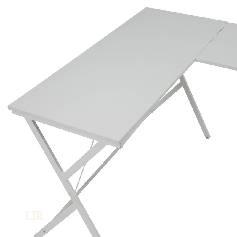 Bureau d'ordinateur en L à finition blanche Dazenus avec structure en métal robuste et surface de travail spacieuse pour les espaces compacts
