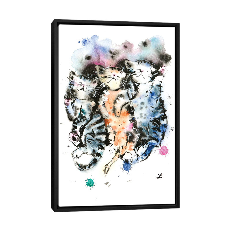 « three sleep chatons », reproduction sur toile, H 26 po x l 18 po x P 1,5 po, Toile avec cadre noir, Pas de tapis