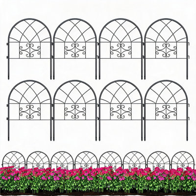 Panneaux de clôture de jardin décoratifs en métal avec portail - Clôture extérieure robuste noire - Antirouille, installation facile sans creuser, barrière pour animaux de compagnie - 8 pièces, noir