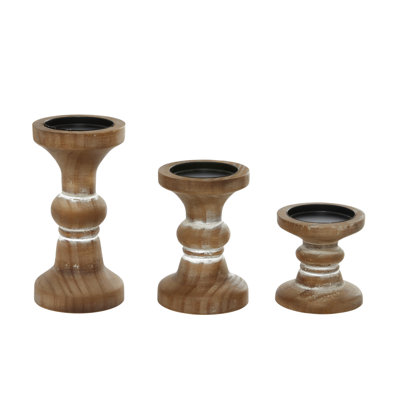 Ensemble de porte-bougie pilier en bois perlé brun