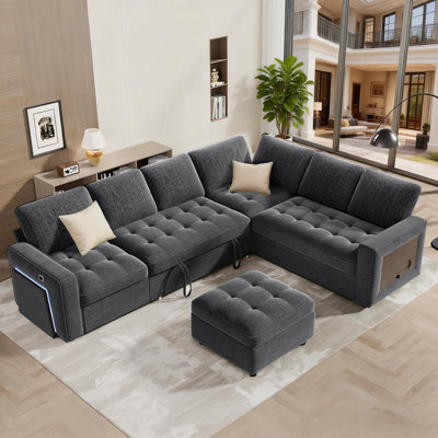 7-Piece L-Shaped Sectional Sleeper Sofa With Pull-Out Bed, Ottoman, Adjustable Backrest, USB Charging, LED Lighting, And Side Table - Chenille Gray (Tool-Free Assembly)