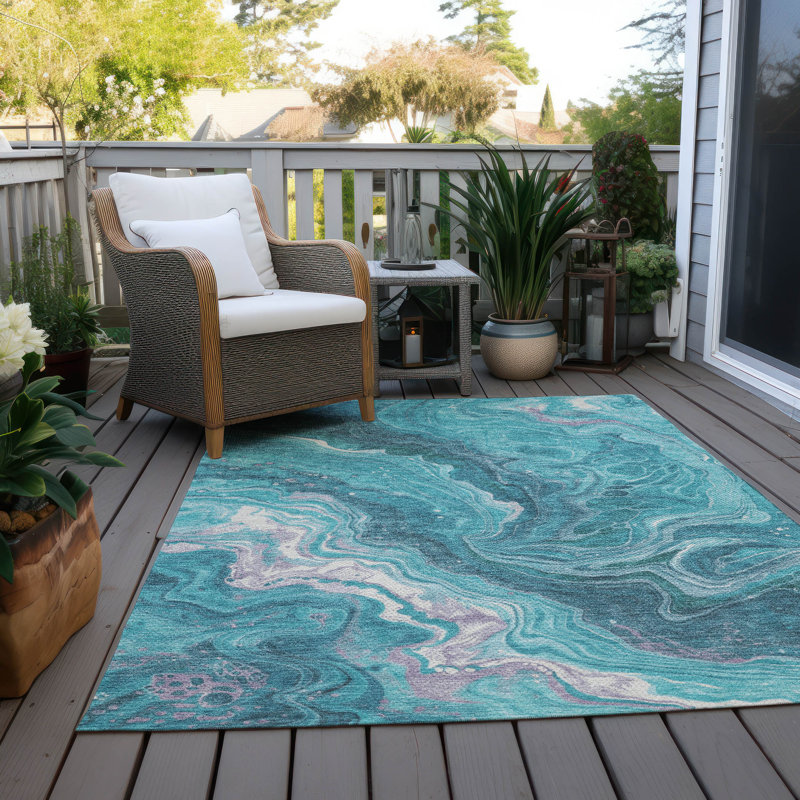 Machine Washable Indoor/Outdoor Cinead ACN1701 Teal Rug, Rectangle 5' x 7'6"