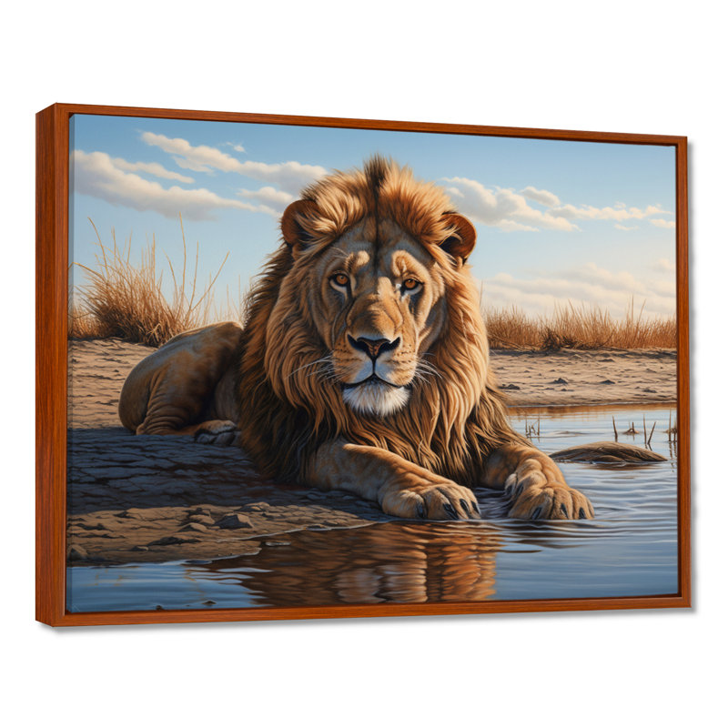 Lion se reposant au bord de la piscine d'eau - impression d'art mural lion, Toile brune avec cadre flottant
