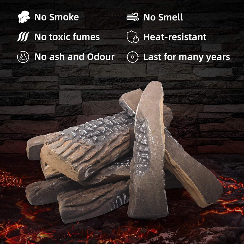 Gas Fireplace Logs, 10pcs Large Faux Firepit Set, Decorative Ceramic Firewood for Indoor Outdoor