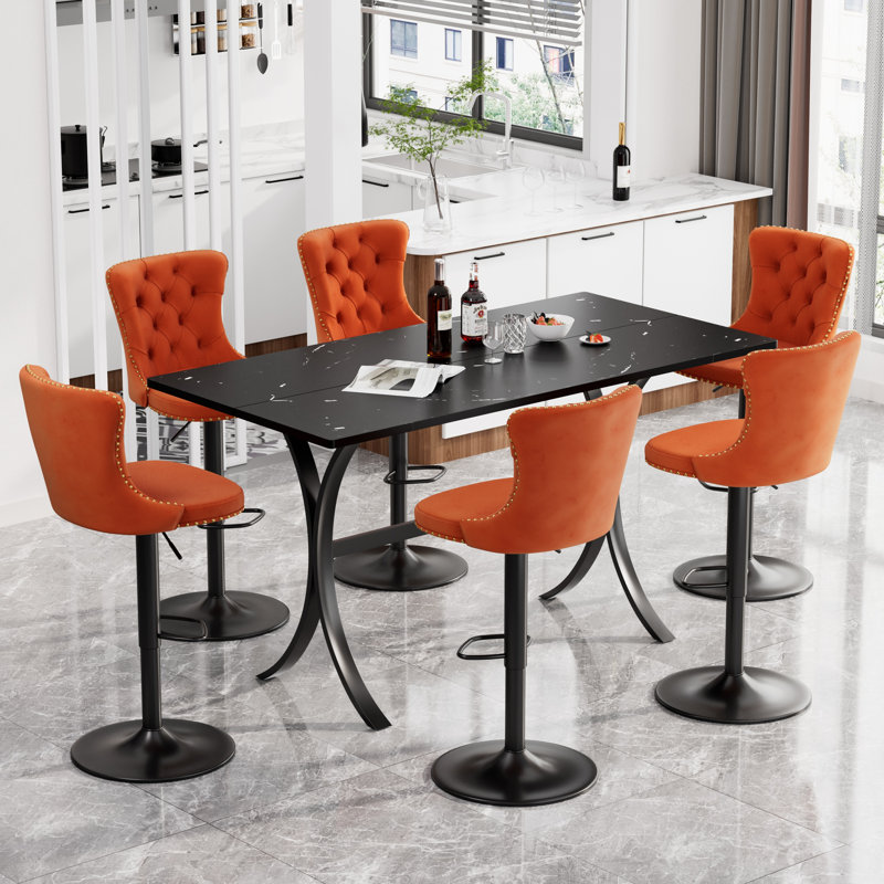 Ensemble de table de bar rotatif à hauteur réglable avec tabourets en velours Modern, 7 Pieces: Table, 6 Chairs, Orange