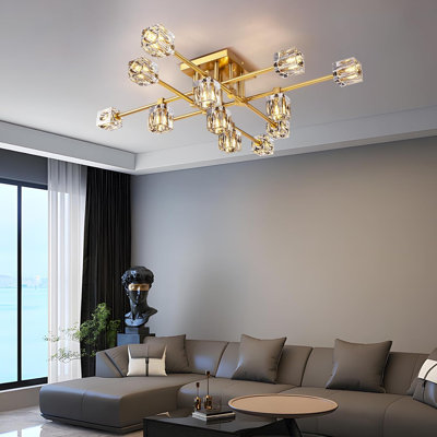 Lustre en cristal 13 lumières semi-encastré, plafonnier Spoutnik doré moderne avec abat-jour en cristal K9 pour le salon, la chambre à coucher, la salle à manger