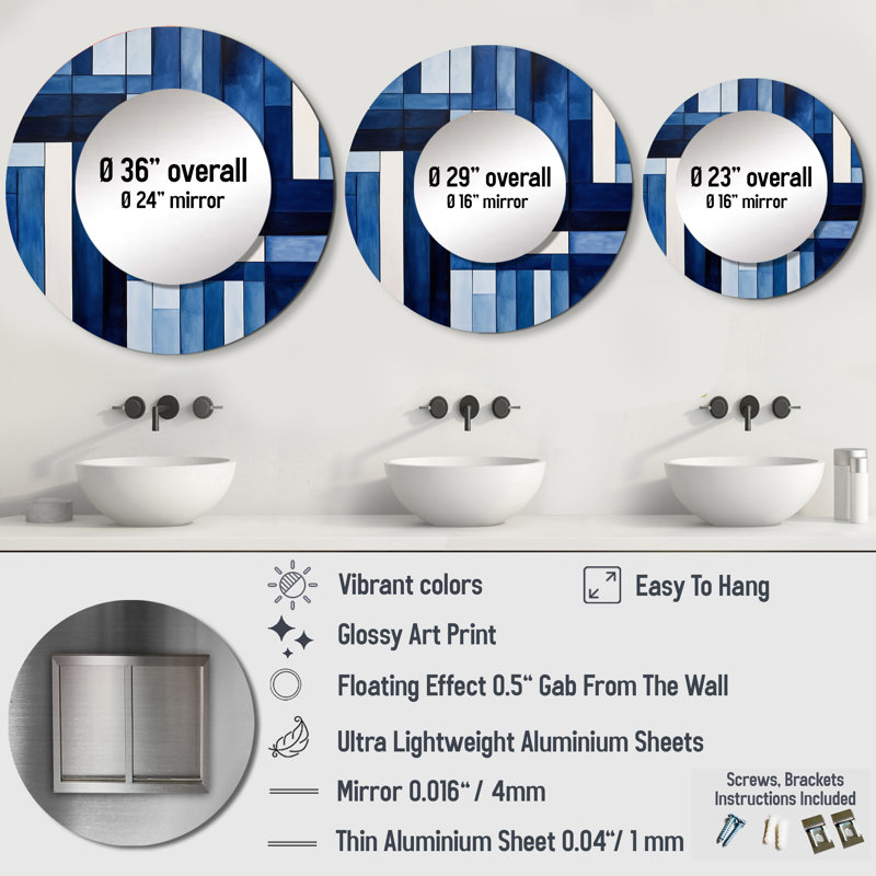 Blue White Sapphire Symmetry I - Abstract Shapes Wall Mirror, Blue Round Decorative Mirror, Printed Metal Art, 29" x 29"