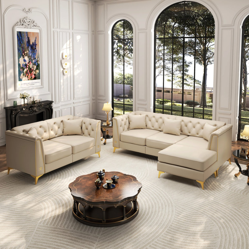Ensemble de salon de luxe en similicuir 3 pièces avec capitonnage et repose-pieds faits à la main, Beige