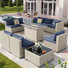 Ensemble de conversation 9 pièces pour patio en rotin avec foyer
