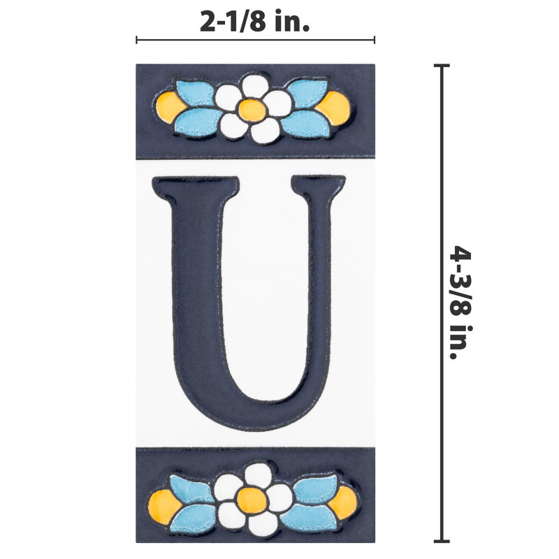 Sevillano 2.13" x 4.38" Ceramic Floral Address Letter Wall Tile in White/Blue