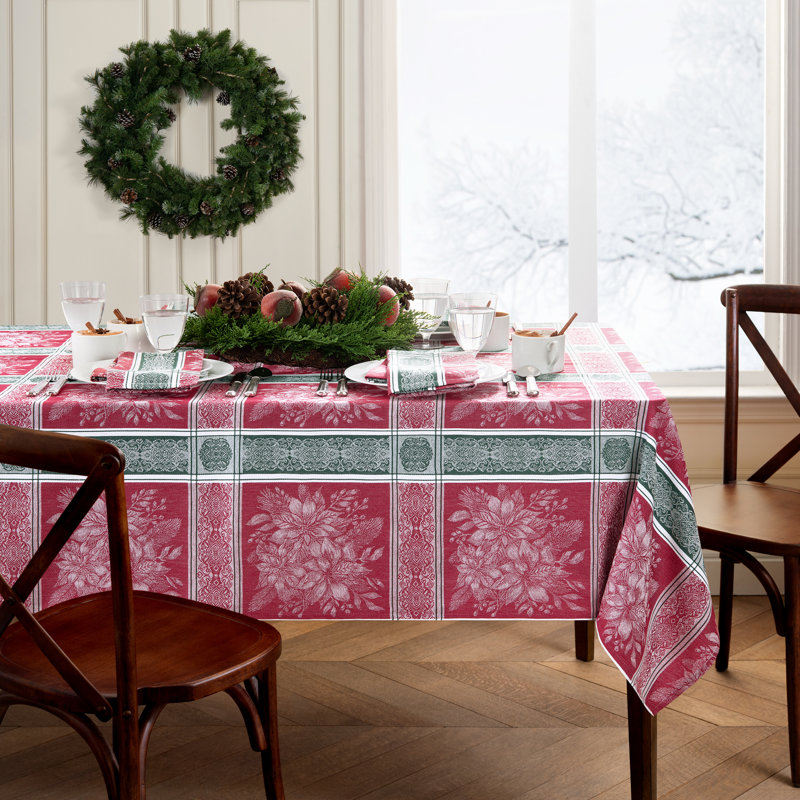 Poinsettia Plaid Jacquard Rectangle Plaid Cotton Tablecloth, 102" x 60"