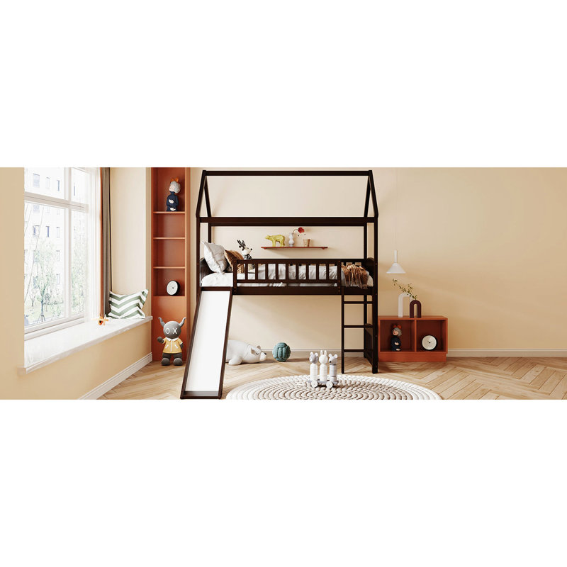 Lit mezzanine simple avec glissade - Idéal pour optimiser l'espace, se divertir et se reposer, Espresso