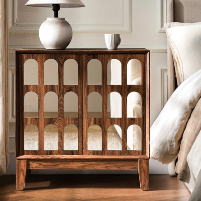 Buffet de rangement à double porte, design miroir, noyer foncé seadrift foncé, ton intérieur spacieux, 32 po de hauteur, 54,94 lb, tablettes amovibles