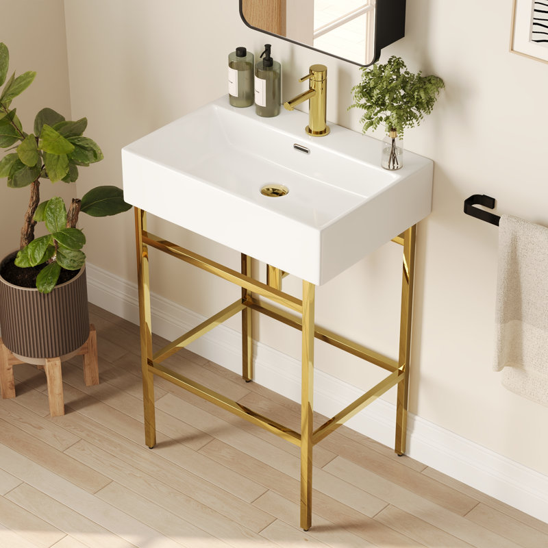 Ceramic White Rectangular Single Faucet Hole 24 in Console Bathroom Sink with Overflow, Gold