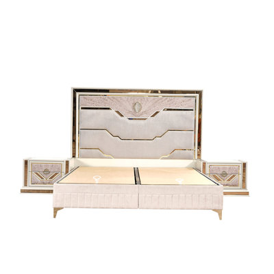 King Upholstered Bed Made with Wood and Gold Accents