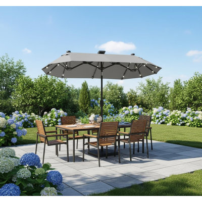 Parasol d'extérieur, parasol d'extérieur double face avec lumières solaires et base, parasol de table de salle à manger à bouton-poussoir inclinable