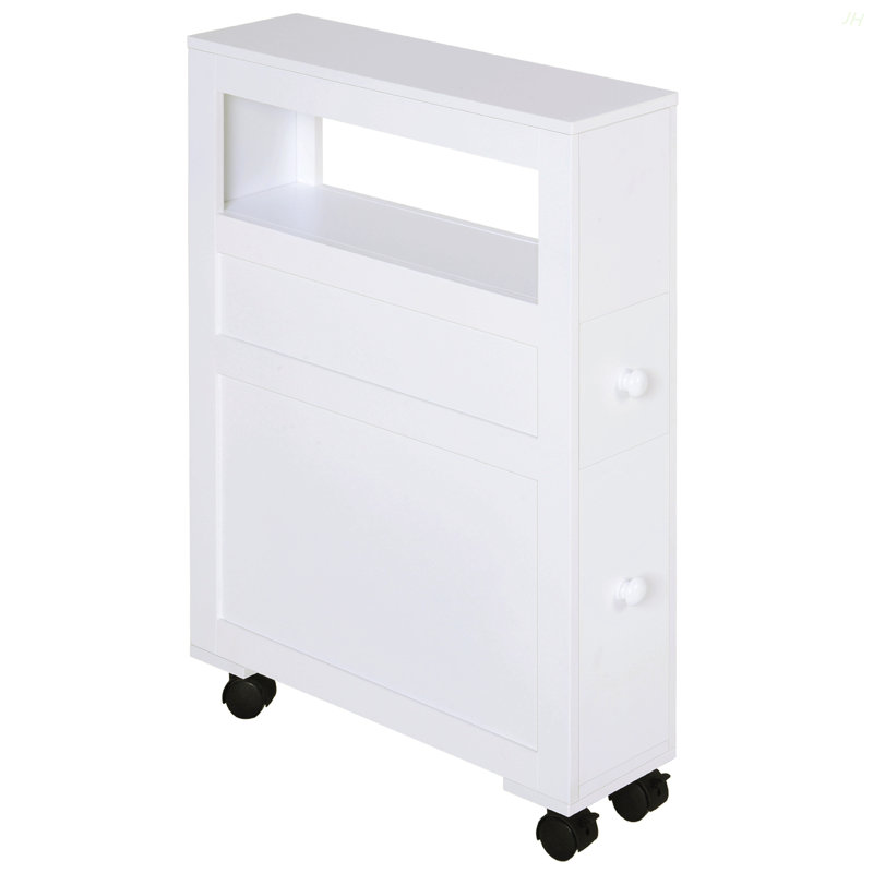 6.25" X 20.5" X 28.25" Wood Rolling Narrow Bathroom Side Storage Cabinet - White