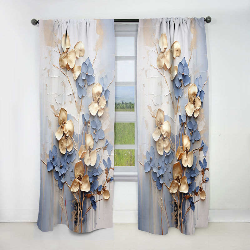 Callands Blue and Gold Adorned Violets I - Traditional Curtain - Velvet Room Darkening - 1 Panel, 52" W x 95" L