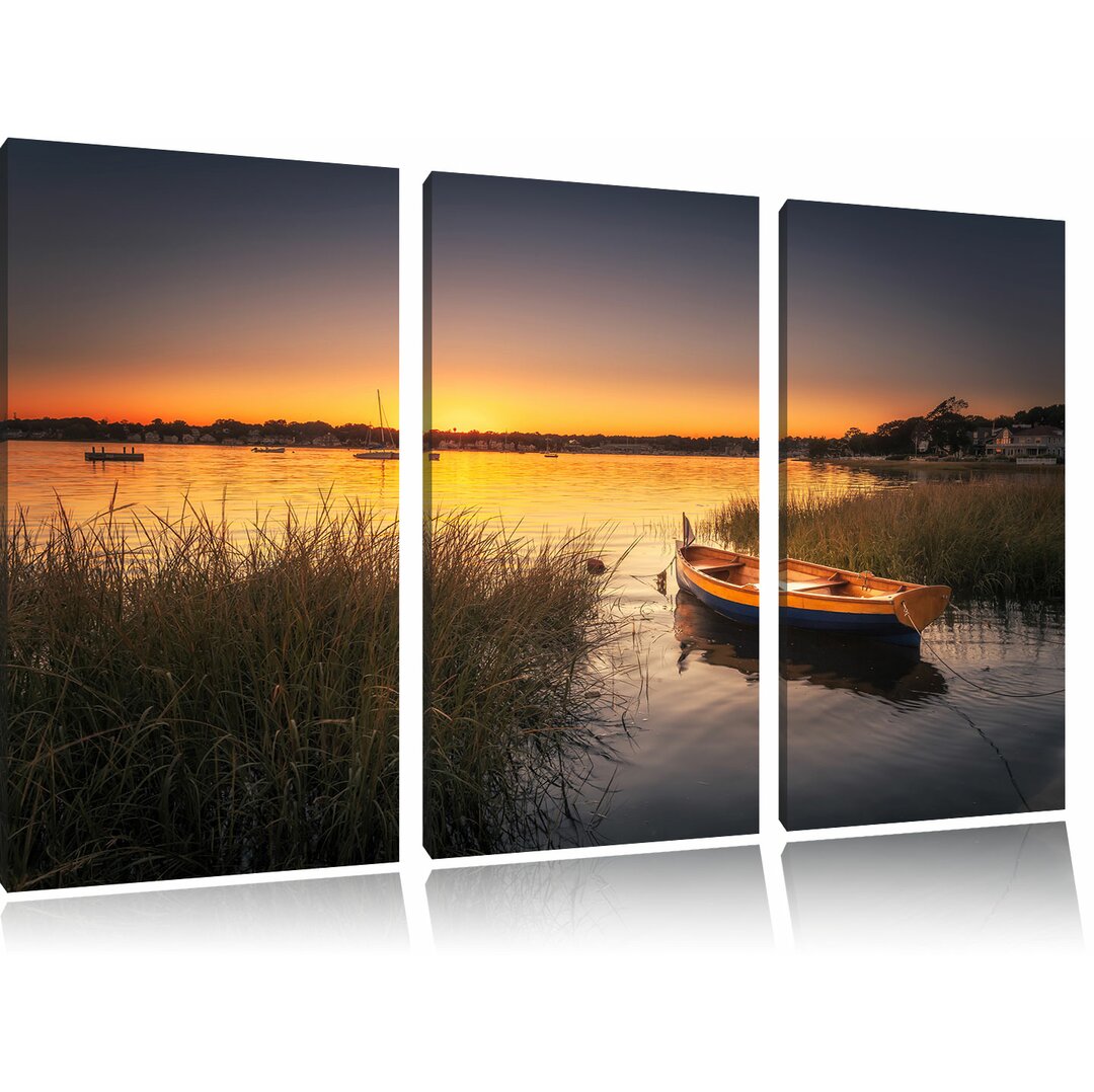 3-tlg. Leinwandbilder-Set "Segelschiffe an der Küste im Sonnenuntergang", Gicleedruck