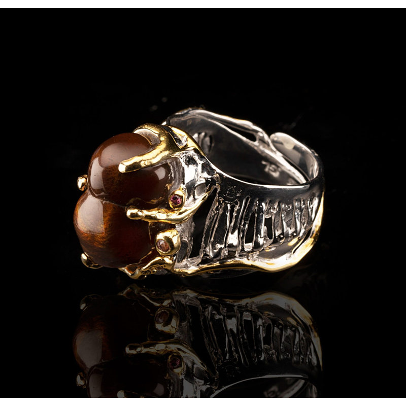 Agate de feu et anneau de saphir rouge / taille 6-8 (réglable)