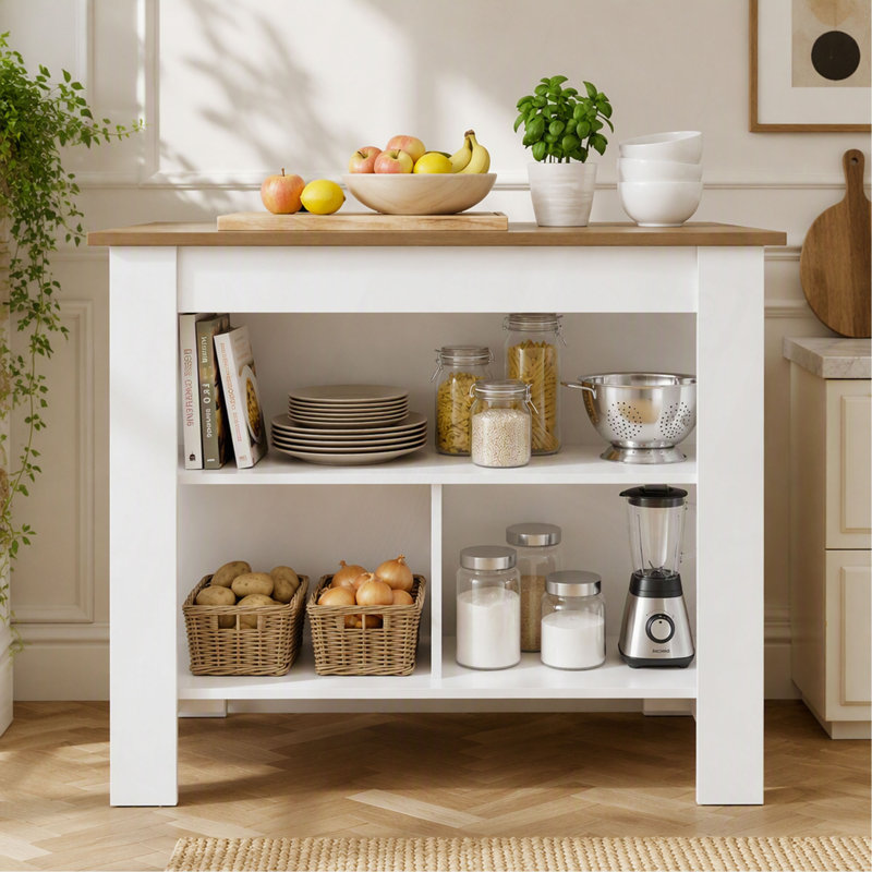 Îlot de cuisine, trois tablettes ouvertes, une tablette supérieure, quatre pieds, un décor de cuisine moderne, White