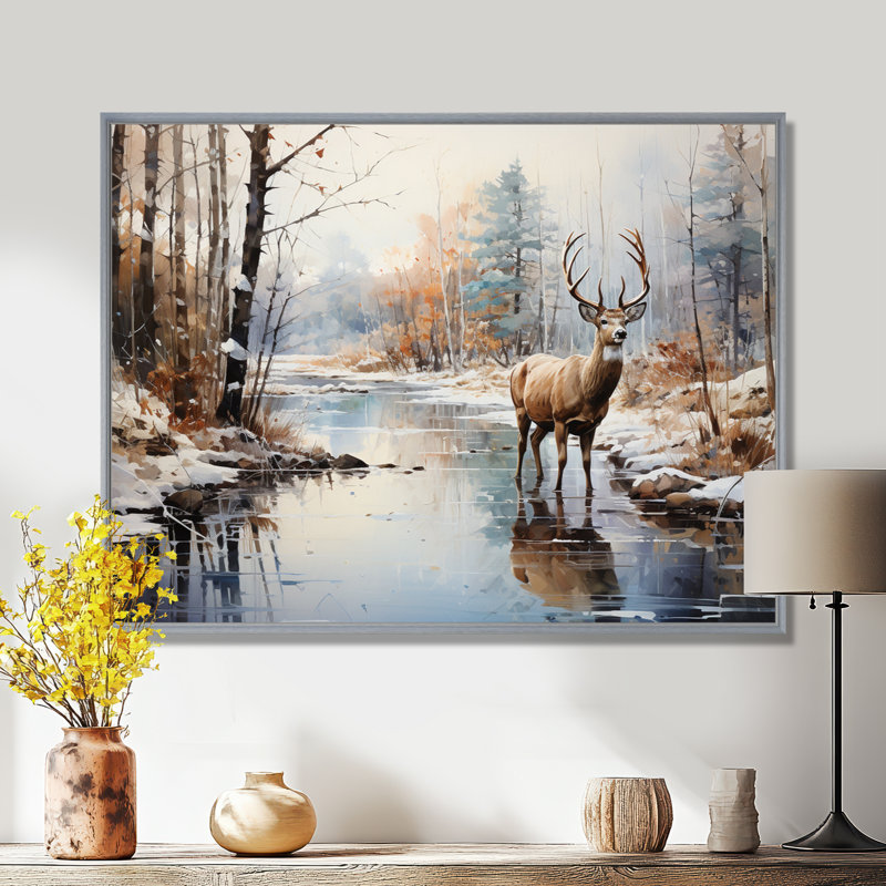 Cerf hiver sérénade - art mural grand cerf, 12" H x 20" W, Encadrement argenté