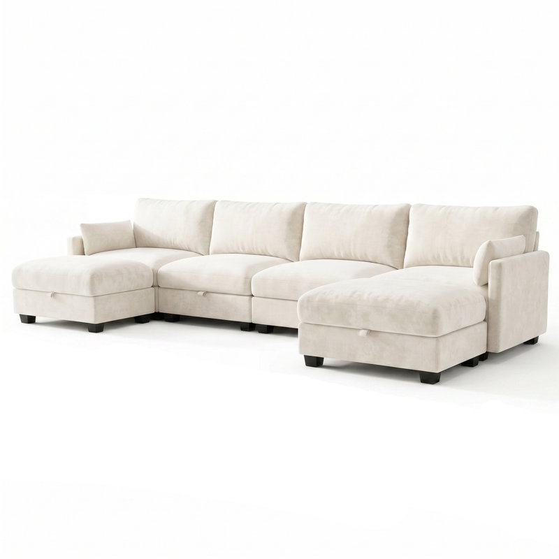 Modular Sectional Couch for Living Room, Comfy Sofa with Storage Seats and Ottoman, Beige, 33.4" H x 132.3" W x 54.8" D