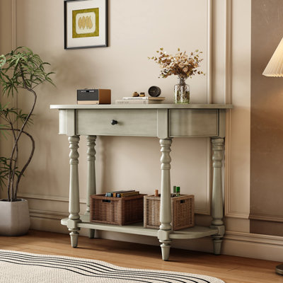 Narrow Console Table with Curved Corner, Retro Entryway Table with Top Drawer and Open Shelf, Sofa Table Console Tables for Entryway, Hallway and Living Room
