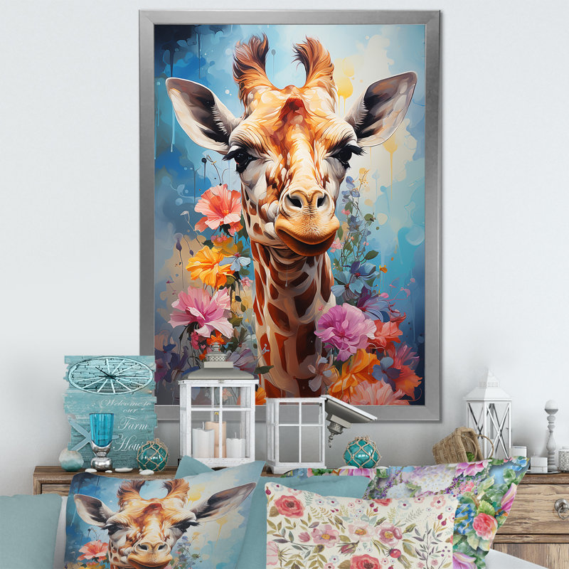 Popart Art, girafe multicolore Grace I sur toile, Cadre simple argenté, H 32 po x l 24 po x P 1 po