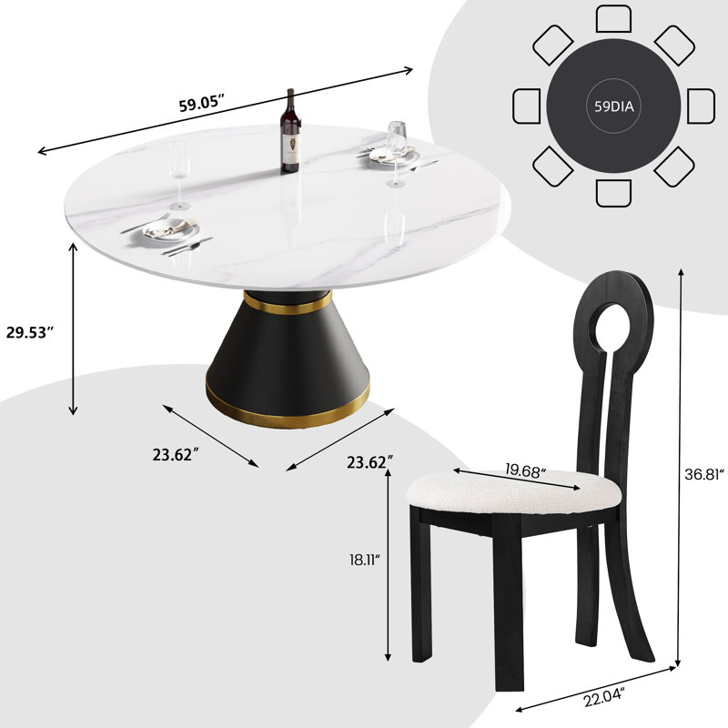 8 Seat Dining Table Set With Modern Key-shaped Dining Chairs, 9-piece Dining Set, Black, White