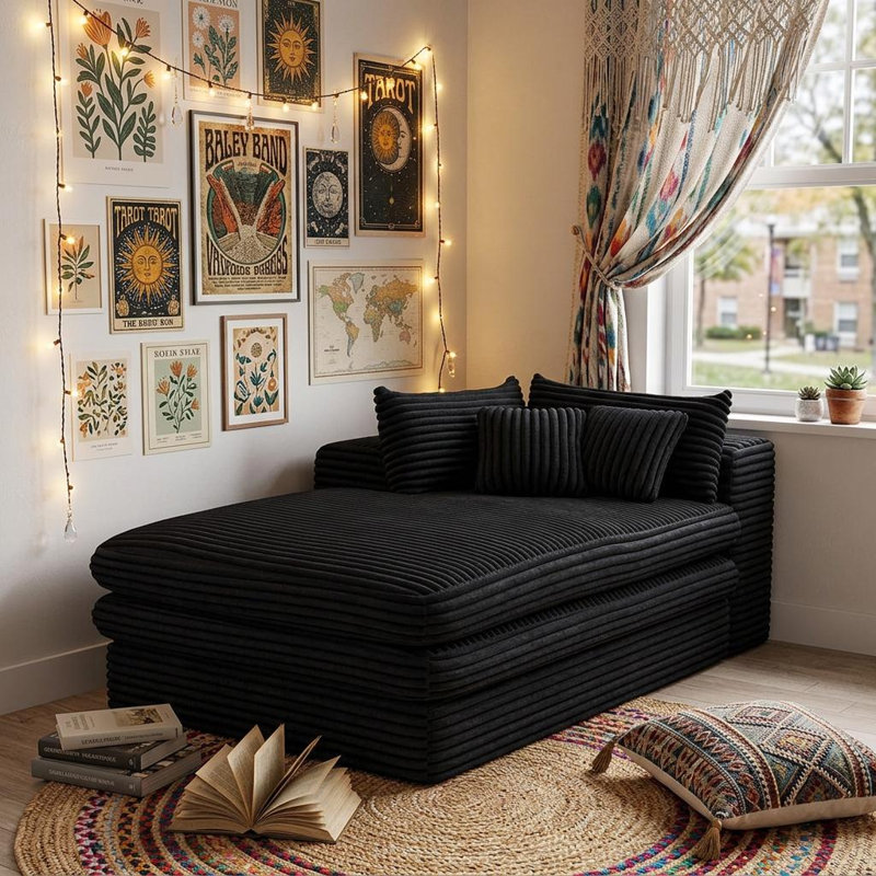  Chaise longue en velours côtelé noir, Black