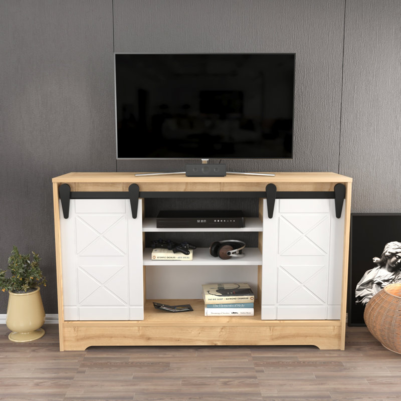 Meuble télé pour téléviseur de 60 po ou moins Klowey, Chêne saphir et blanc