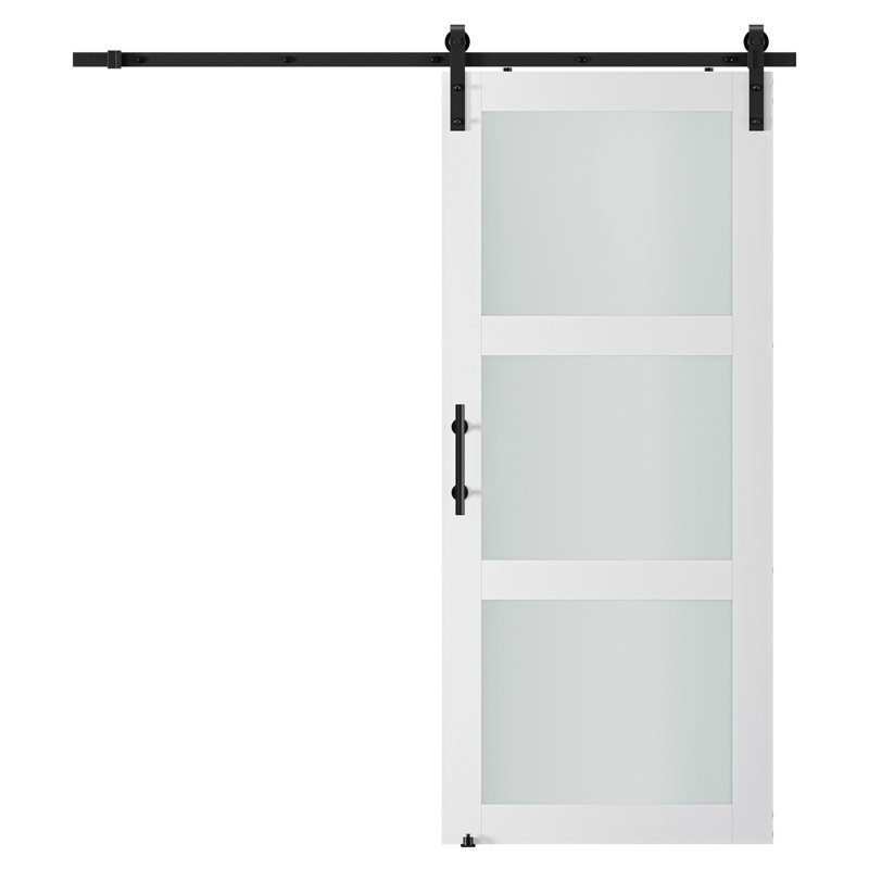 3-Lite Frosted Glass and Wood Panelled Barn Door with Installation Hardware Kit, 28" x 84"