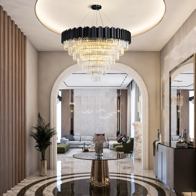 Light Dimmable Tiered Chandelier With Crystal Light, 21 Lights, Matte Black, 26.77" H x 39.37" W x 39.37" D