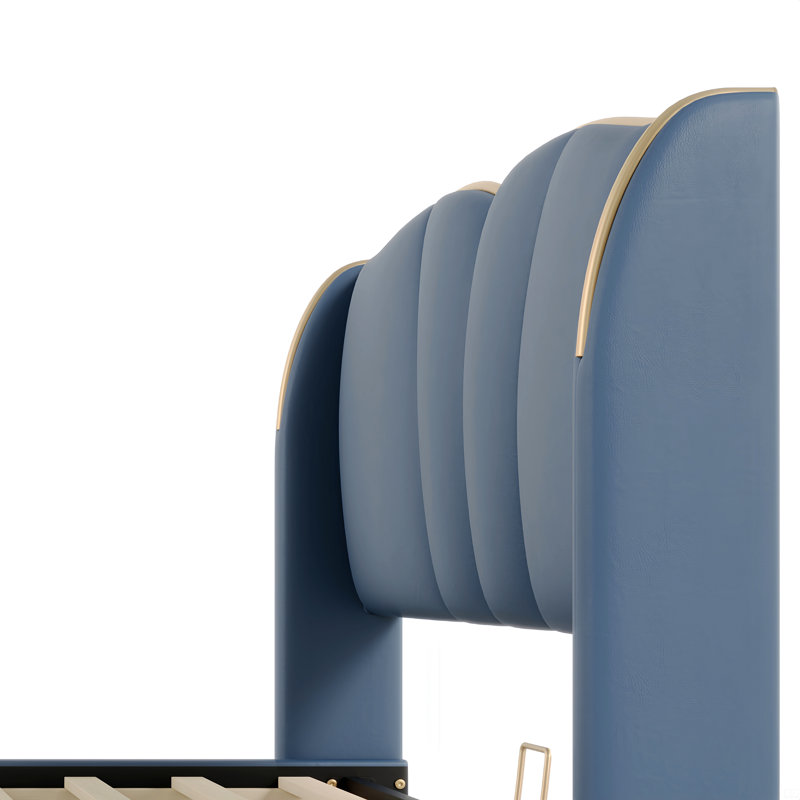 Structure de lit tapissier très grand en cuir, cadre de lit avec tête de lit à oreilles, lit plateforme tapissier avec pied de lit ondulé, pas de sommier nécessaire