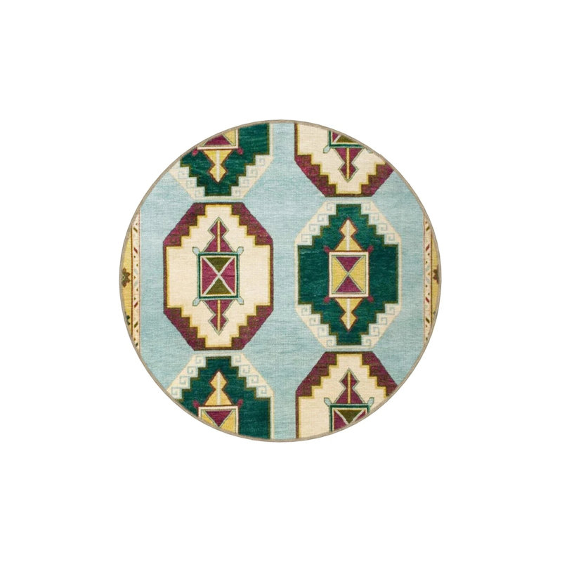 Blue Themed Multicolored Mixed Geometric Pattern Vintage Decorative Carpet, Rectangle 4' x 5'11"