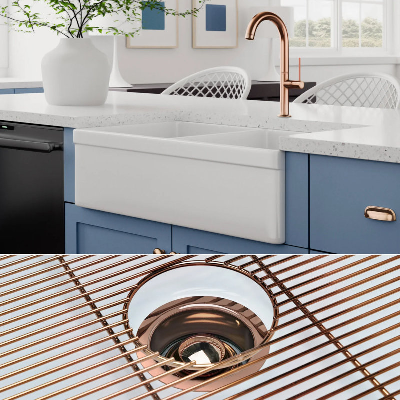 32.75" L x 19.88" W Double Basin Farmhouse Kitchen Sink with Accessories, Polished Rose Gold Accessories