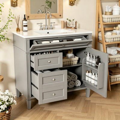 36 Inch Modern Bathroom Vanity With Top Sink, Spacious Storage, And Soft-Close Drawers For Enhanced Functionality