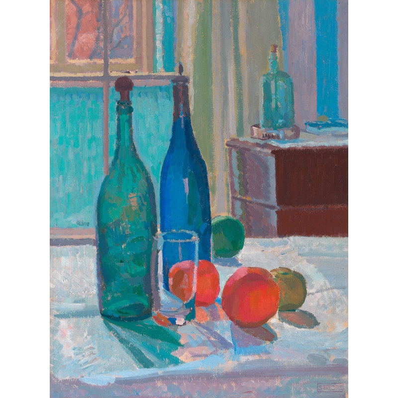 Blue And Green Bottles And Oranges by Spencer Frederick Gore - Wrapped Canvas Painting, 100cm H x 70cm W x 4cm D