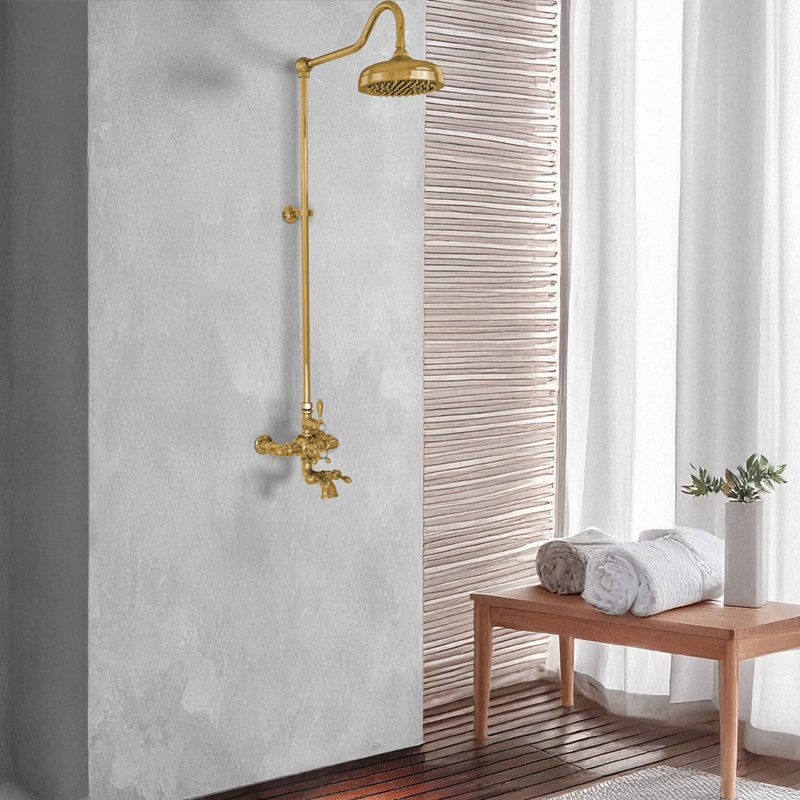 Thermostatic Shower System with Tub Spout (P0903) by Strom Living, Unlacquered Satin Brass