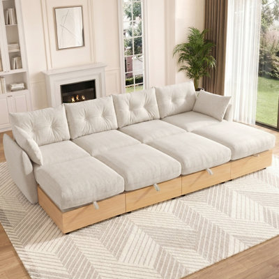 120" Modular L-U Shaped Sectional Sofa Sleeper with Storage, Convertible Modular Couch with Reversible Chaise, Deep Seat Cloud Sofa, Oatmeal Beige Upholstered Living Room Sofa with Wood Grain Base
