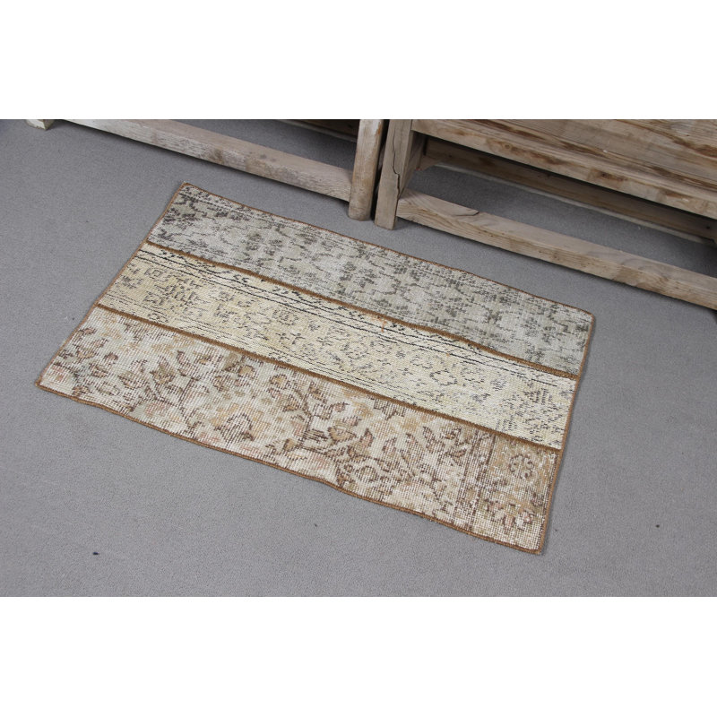 Vintage Turkish Door Mat in Elegant Beige and Cream Featuring an Intricate Pattern for a Unique Decor Accent