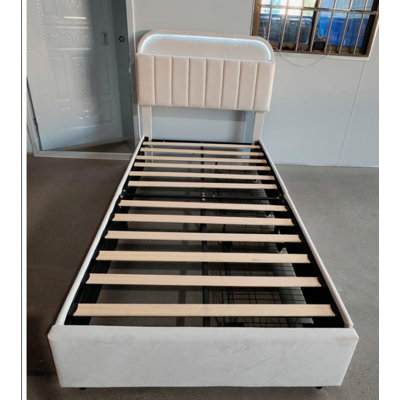 Structure de lit double tapissier à DEL, 2 tiroirs, lit plateforme sur pied