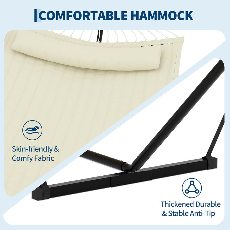 Hamac double avec support - 2 personnes, capacité de 450 lb, patio extérieur et cour arrière avec coussin, Beige