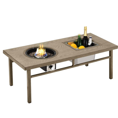 31 50,000 Fire Pit Table With Beige Aluminum Construction And 4.5 Ice Bucket For Hosting Parties 47-Inch Featuring A Realistic Wood - Grain Finish