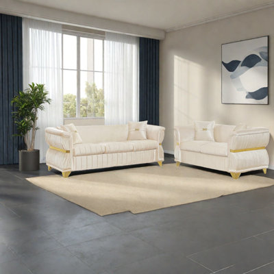 Ensemble de canapés modernes, velours beige 3 et 2 places, salon en métal doré