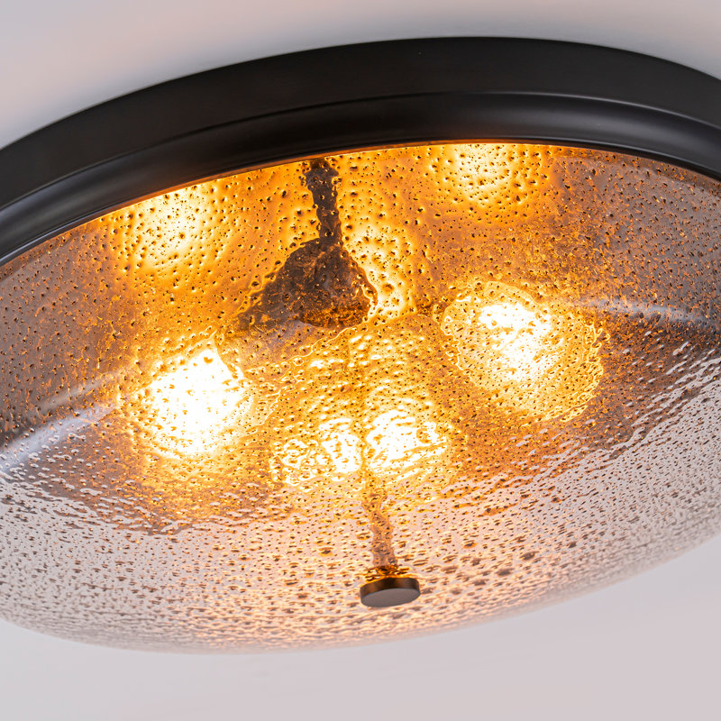 3-Light Gritty Coarse-grained Glass Bread-Shaded Flush Mount, Satin Black