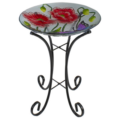 21" Butterfly And Carnations Hand Painted Glass Outdoor Birdbath