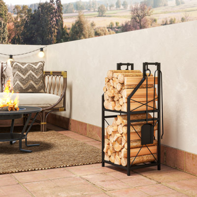 Range-bûches avec 4 outils, support à bûches à 2 niveaux, 60 kg, noir