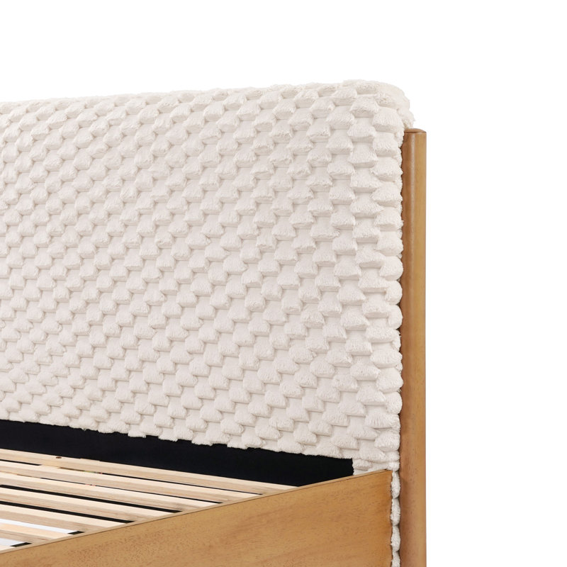 Queen Platform Bed with Quilted Upholstered Headboard & Rubberwood Frame